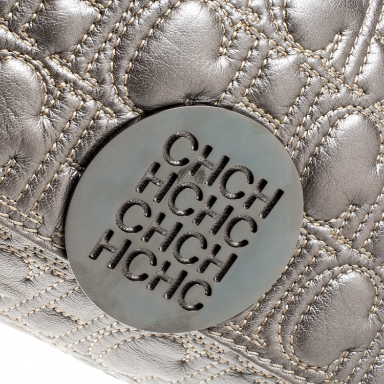 Pre Owned Carolina Herrera Metallic Grey Monogram Leather Shoulder Bag