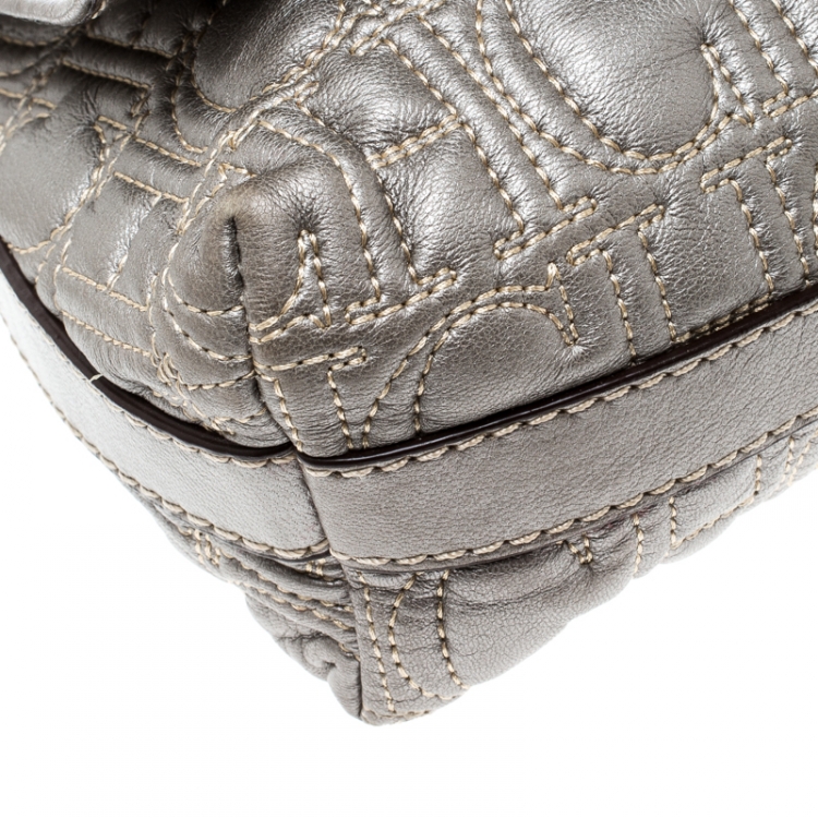 Pre Owned Carolina Herrera Metallic Grey Monogram Leather Shoulder Bag