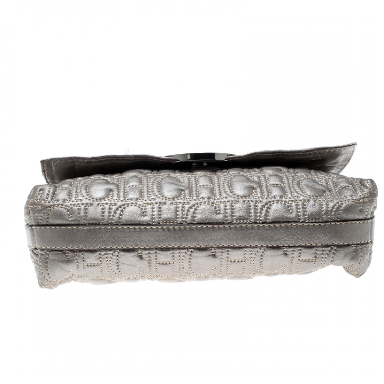 Pre Owned Carolina Herrera Metallic Grey Monogram Leather Shoulder Bag