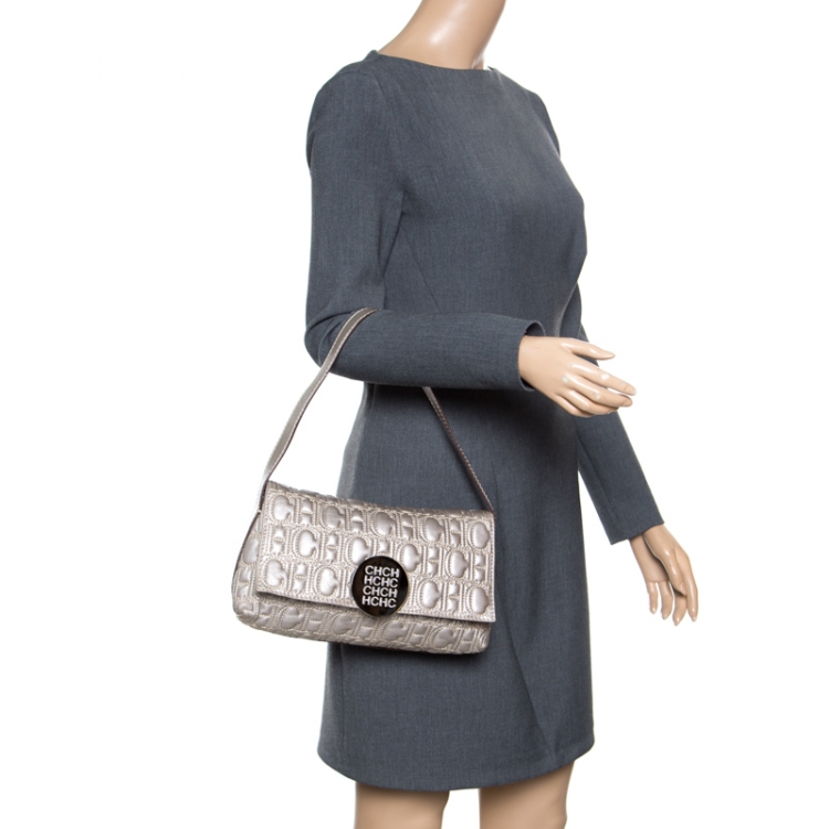 Pre Owned Carolina Herrera Metallic Grey Monogram Leather Shoulder Bag