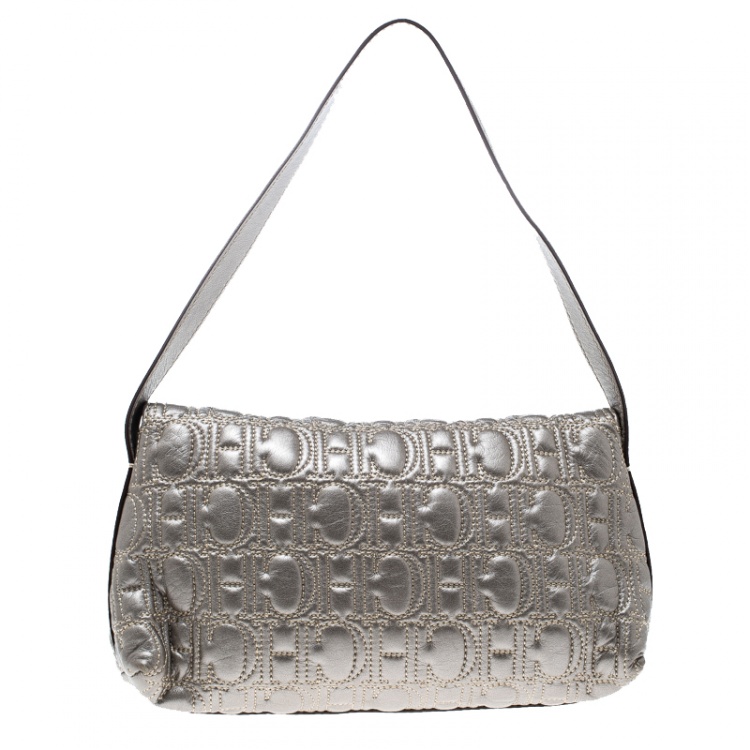 Pre Owned Carolina Herrera Metallic Grey Monogram Leather Shoulder Bag