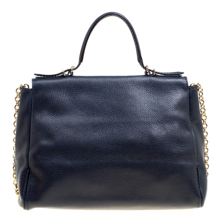 Pre Owned Carolina Herrera Blue Leather Minuetto Top Handle Flap Shoulder Bag