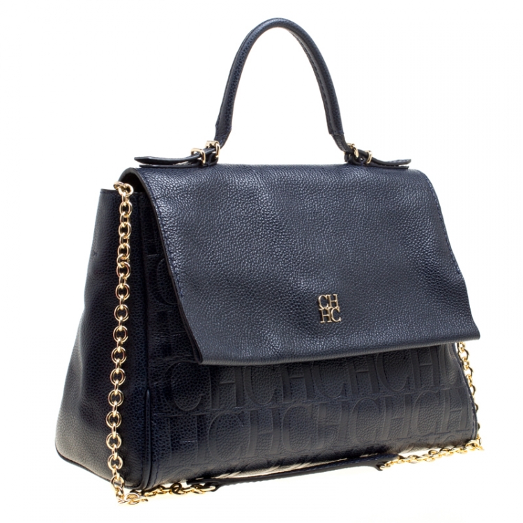 Pre Owned Carolina Herrera Blue Leather Minuetto Top Handle Flap Shoulder Bag