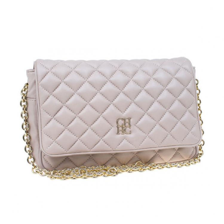 Pre Owned Carolina Herrera Beige Quilted Leather Crossbody Bag