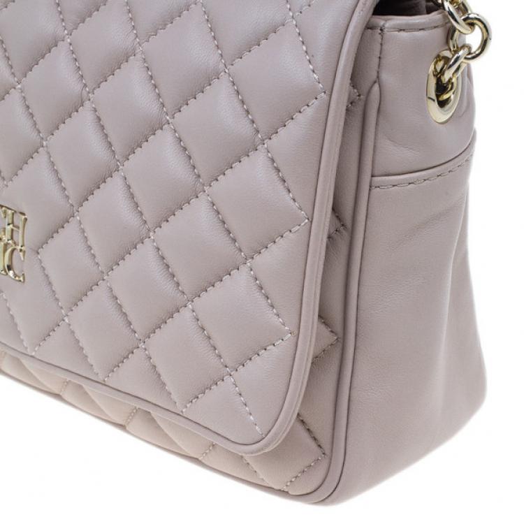 Pre Owned Carolina Herrera Beige Quilted Leather Crossbody Bag