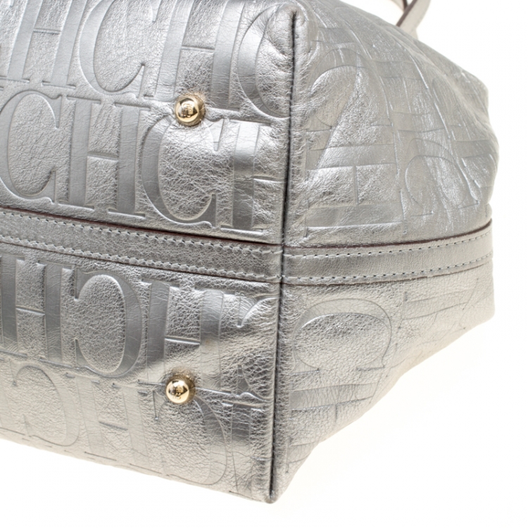 Pre Owned Carolina Herrera Silver Monogram Leather Matryoshka Tote