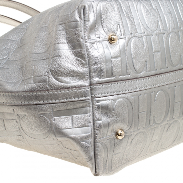 Pre Owned Carolina Herrera Silver Monogram Leather Matryoshka Tote