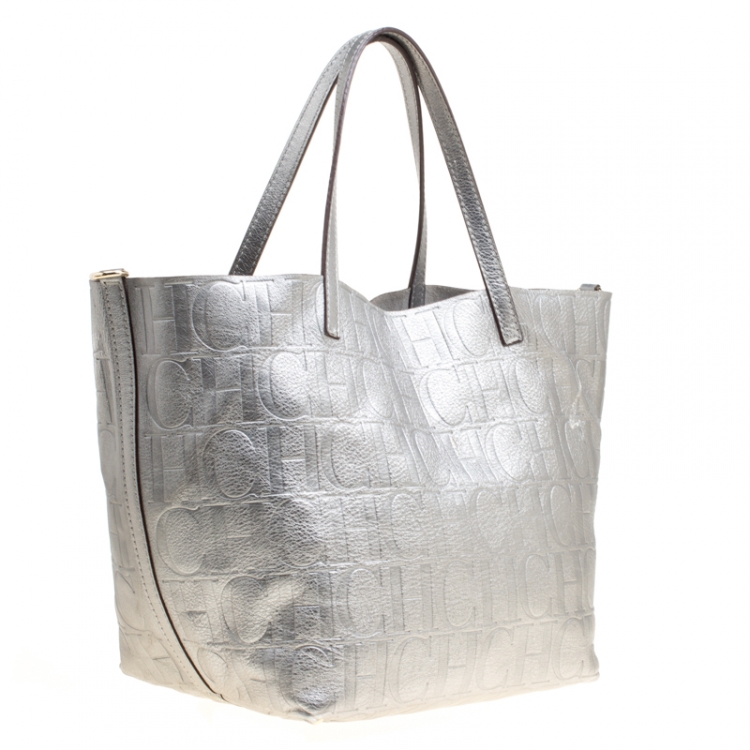 Pre Owned Carolina Herrera Silver Monogram Leather Matryoshka Tote