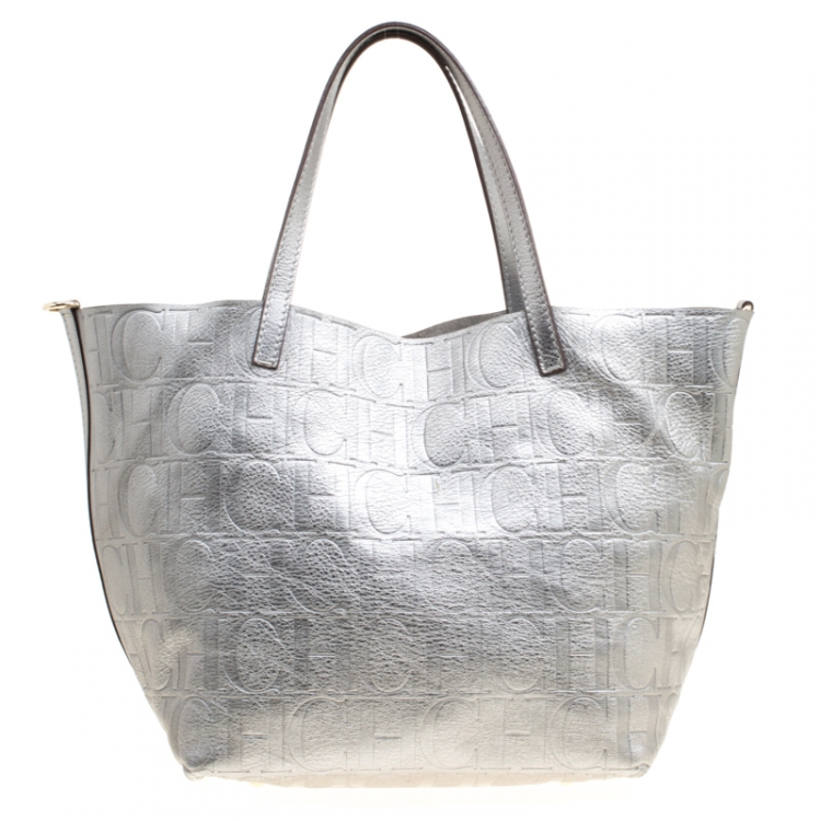 Pre Owned Carolina Herrera Silver Monogram Leather Matryoshka Tote