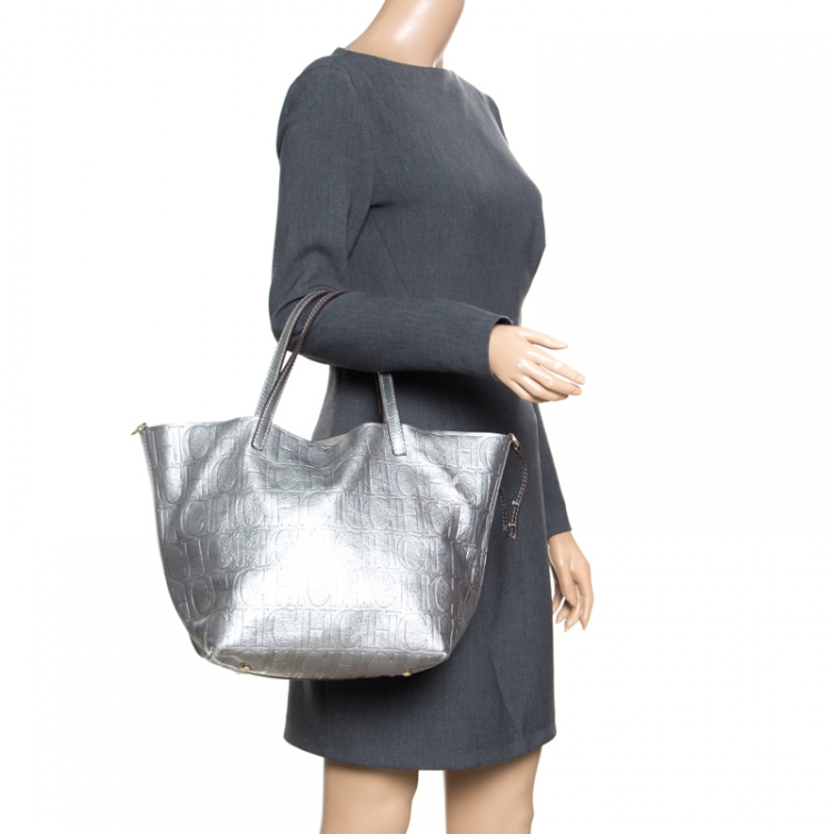 Pre Owned Carolina Herrera Silver Monogram Leather Matryoshka Tote