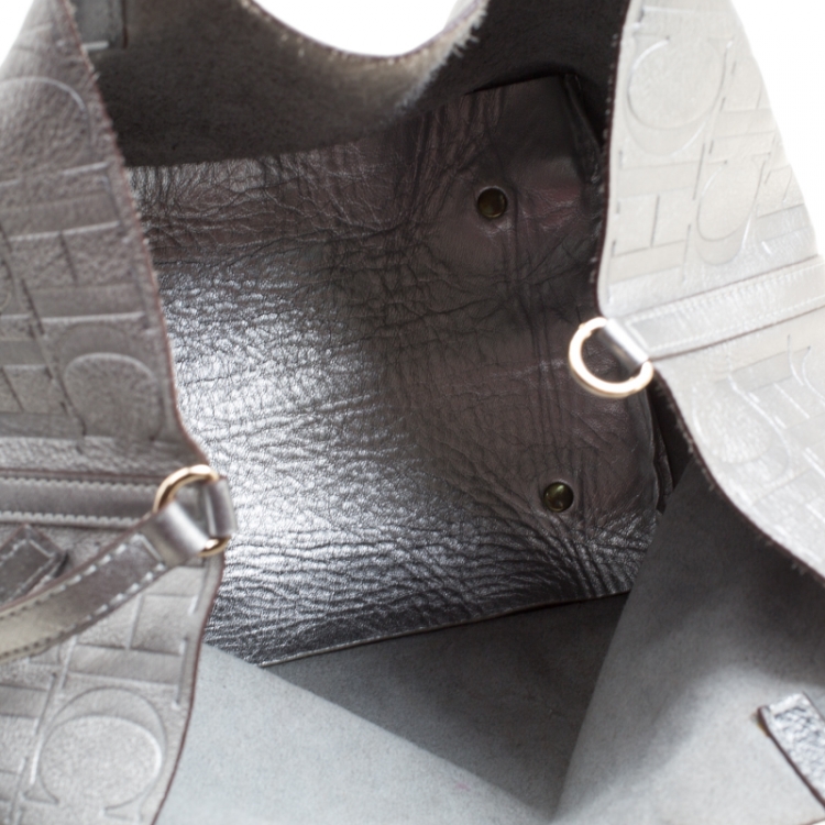 Pre Owned Carolina Herrera Silver Monogram Leather Matryoshka Tote