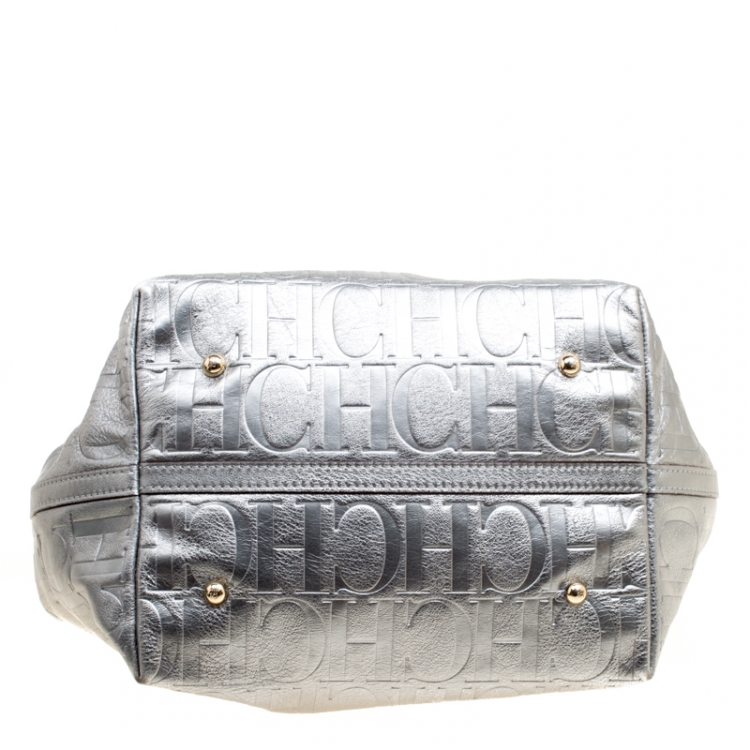 Pre Owned Carolina Herrera Silver Monogram Leather Matryoshka Tote