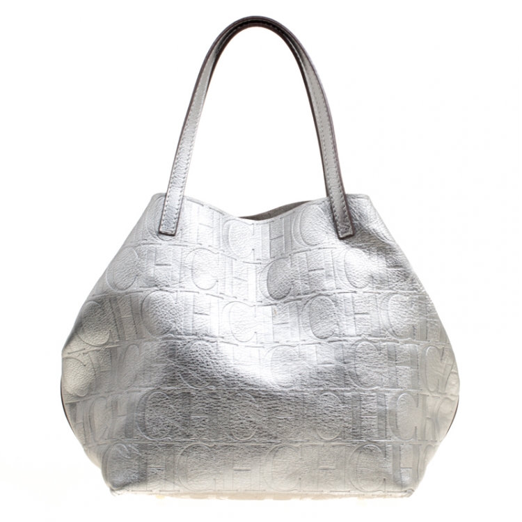 Pre Owned Carolina Herrera Silver Monogram Leather Matryoshka Tote