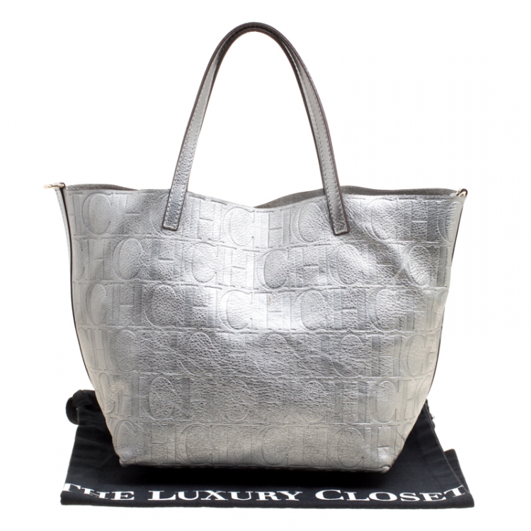 Pre Owned Carolina Herrera Silver Monogram Leather Matryoshka Tote