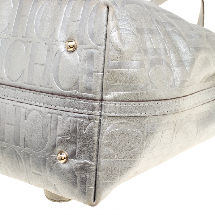 Pre Owned Carolina Herrera Silver Monogram Leather Matryoshka Tote