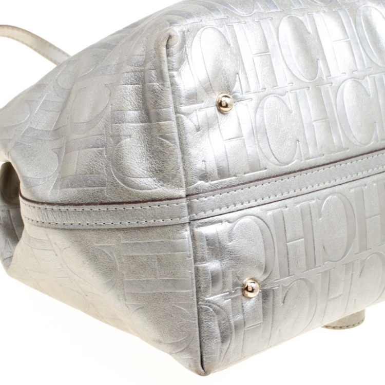 Pre Owned Carolina Herrera Silver Monogram Leather Matryoshka Tote