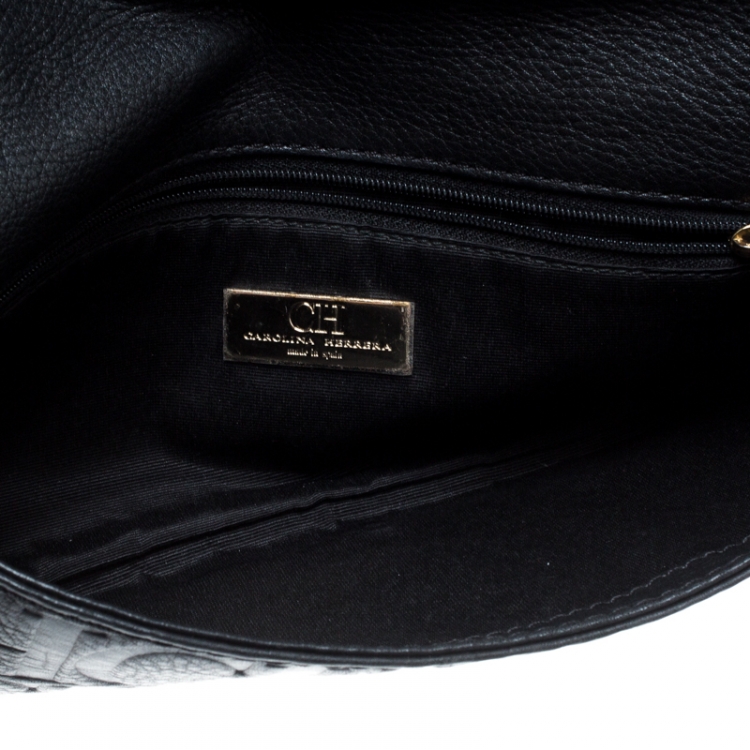 Pre Owned Carolina Herrera Black Monogram Embossed Bow Shoulder Bag