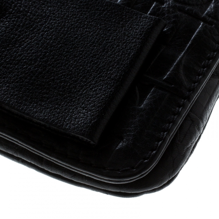 Pre Owned Carolina Herrera Black Monogram Embossed Bow Shoulder Bag