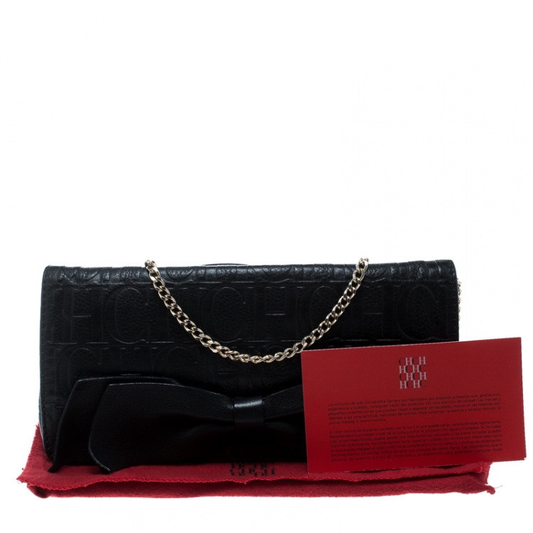 Pre Owned Carolina Herrera Black Monogram Embossed Bow Shoulder Bag