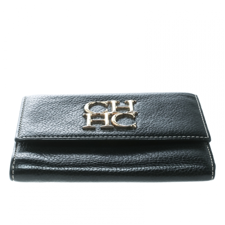 Pre Owned Carolina Herrera Black Leather Tri Fold Compact Wallet
