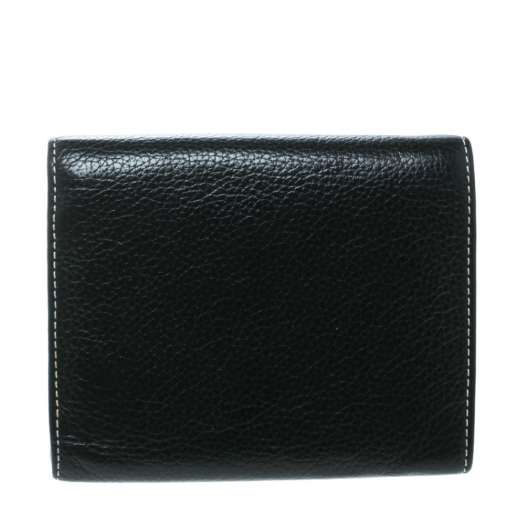 Pre Owned Carolina Herrera Black Leather Tri Fold Compact Wallet