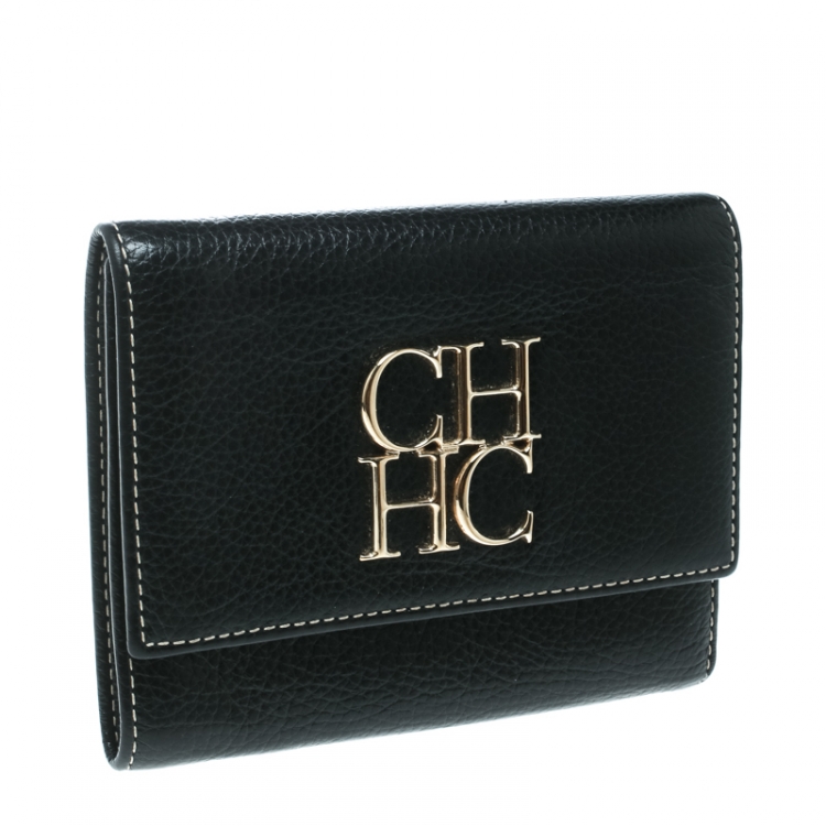 Pre Owned Carolina Herrera Black Leather Tri Fold Compact Wallet