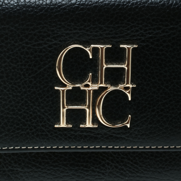 Pre Owned Carolina Herrera Black Leather Tri Fold Compact Wallet
