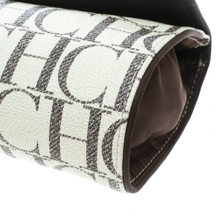 Pre Owned Carolina Herrera Off White Monogram Coated Canvas Clutch