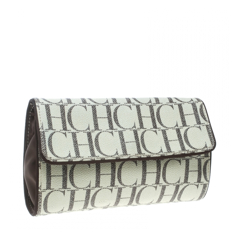 Pre Owned Carolina Herrera Off White Monogram Coated Canvas Clutch