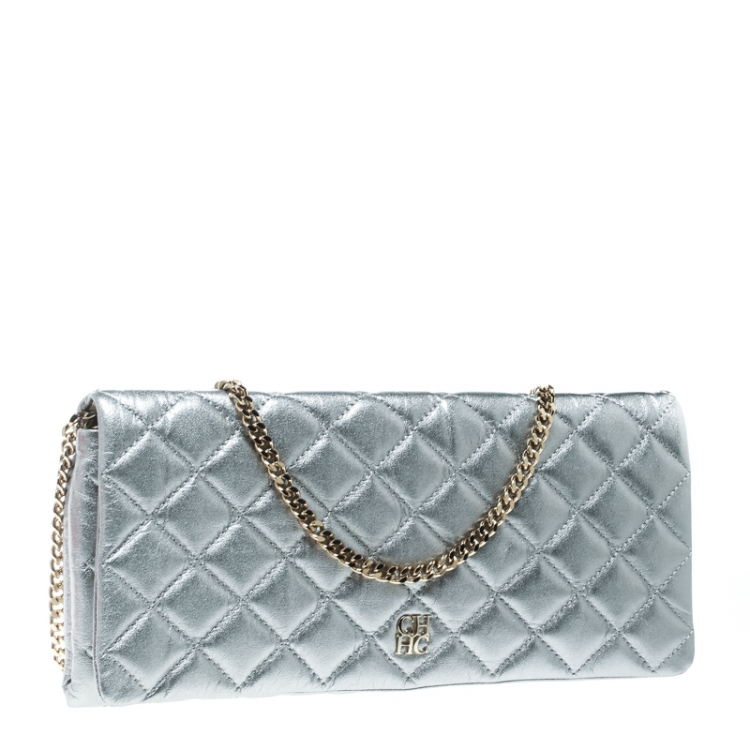 Pre Owned Carolina Herrera Metallic Silver Quilted Leather Chain Clutch