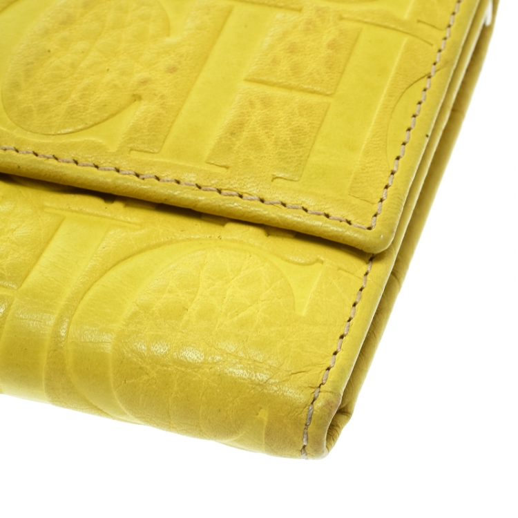 Pre Owned Carolina Herrera Yellow Monogram Compact Wallet