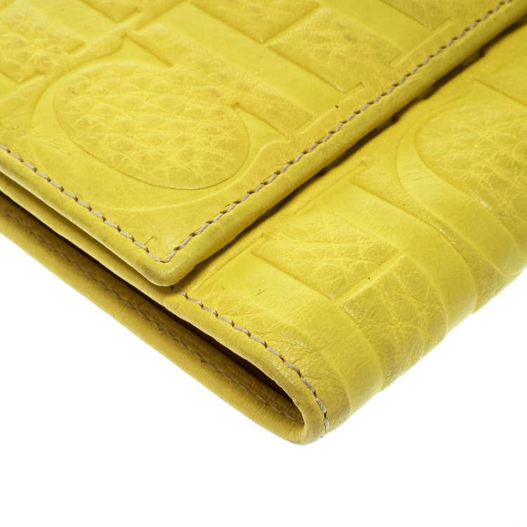 Pre Owned Carolina Herrera Yellow Monogram Compact Wallet