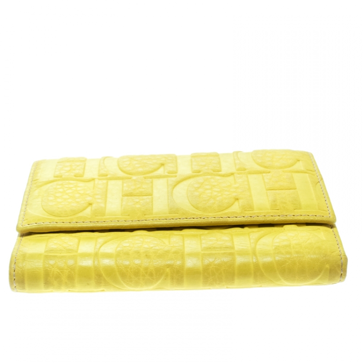 Pre Owned Carolina Herrera Yellow Monogram Compact Wallet