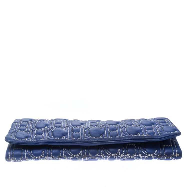 Pre Owned Carolina Herrera Blue Monogram Leather Jerry Clutch 