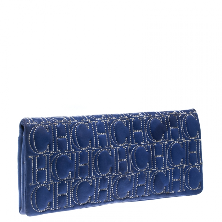 Pre Owned Carolina Herrera Blue Monogram Leather Jerry Clutch 