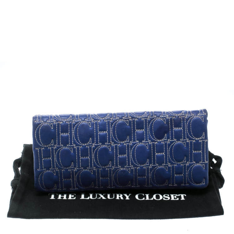 Pre Owned Carolina Herrera Blue Monogram Leather Jerry Clutch 