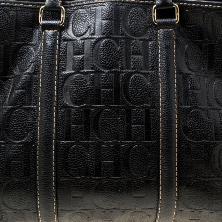 Pre Owned Carolina Herrera Black Monogram Leather Matteo Tote