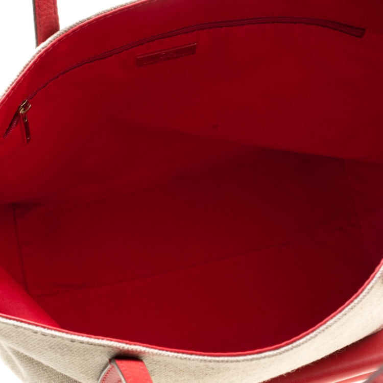 Pre Owned Carolina Herrera Beige/Red Canvas and Leather Shopper Tote