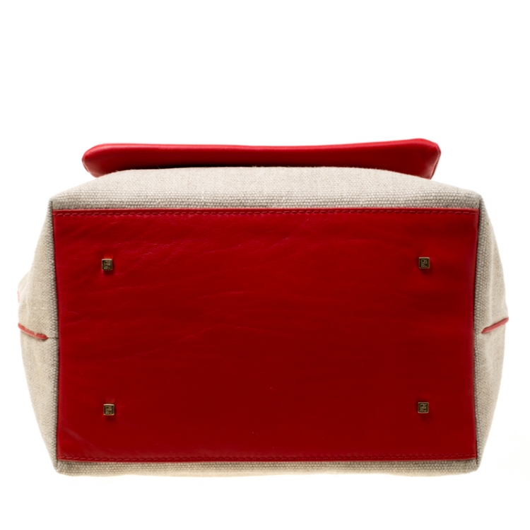Pre Owned Carolina Herrera Beige/Red Canvas and Leather Shopper Tote
