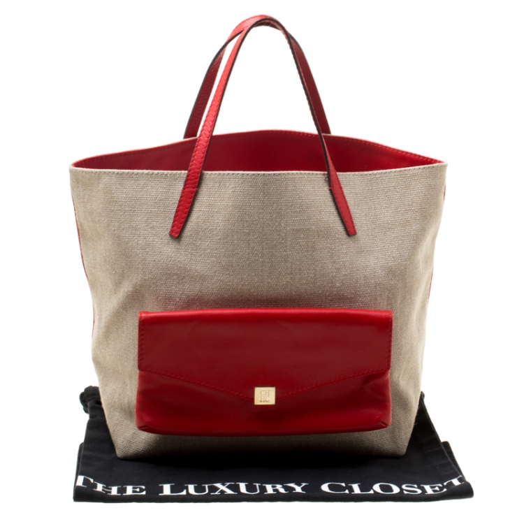 Pre Owned Carolina Herrera Beige/Red Canvas and Leather Shopper Tote