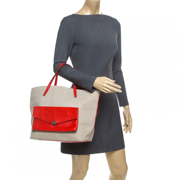 Pre Owned Carolina Herrera Beige/Red Canvas and Leather Shopper Tote
