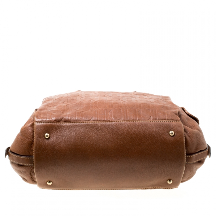 Pre Owned Carolina Herrera Brown Monogram Leather Shopper Tote