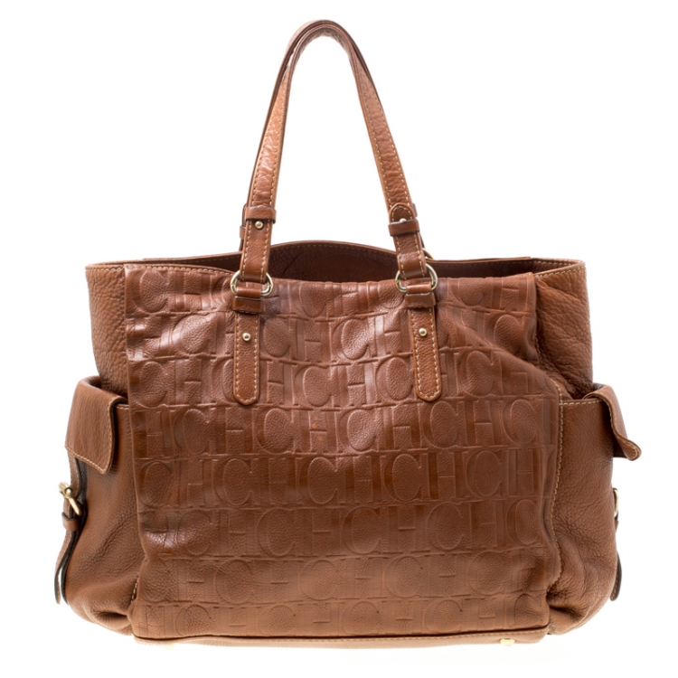 Pre Owned Carolina Herrera Brown Monogram Leather Shopper Tote
