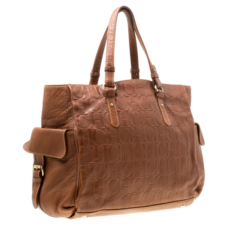 Pre Owned Carolina Herrera Brown Monogram Leather Shopper Tote