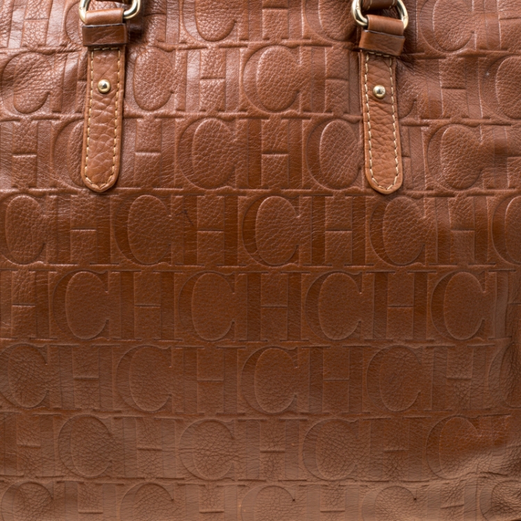 Pre Owned Carolina Herrera Brown Monogram Leather Shopper Tote