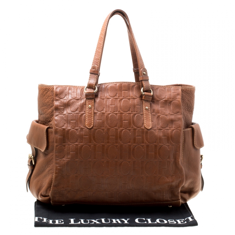 Pre Owned Carolina Herrera Brown Monogram Leather Shopper Tote