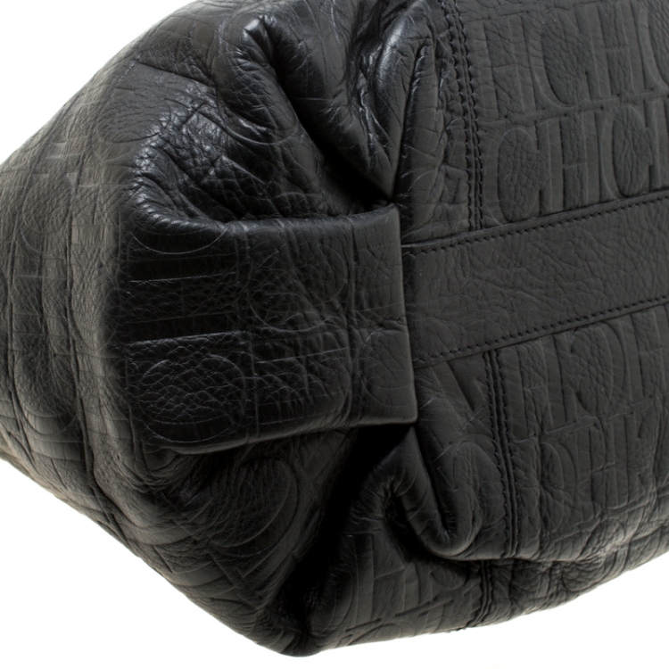 Pre Owned Carolina Herrera Black Monogram Leather Poppy Tote