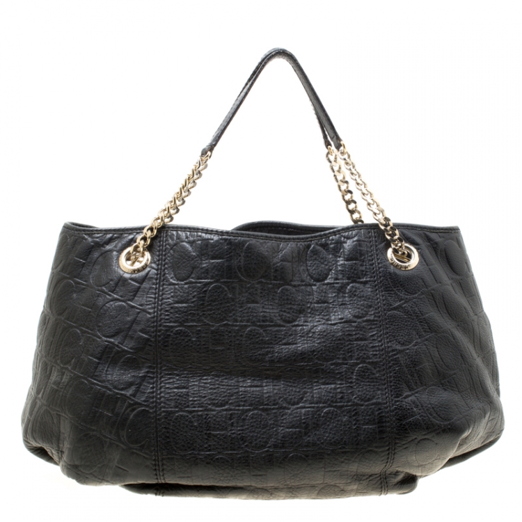 Pre Owned Carolina Herrera Black Monogram Leather Poppy Tote