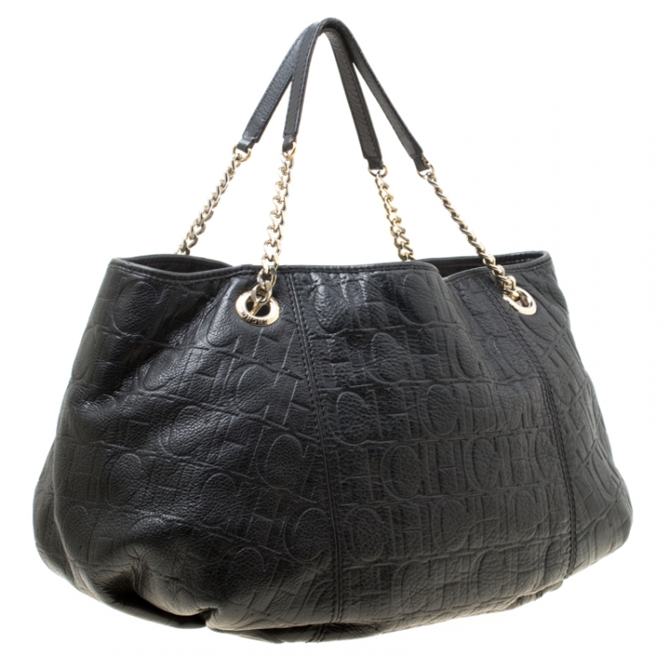 Pre Owned Carolina Herrera Black Monogram Leather Poppy Tote