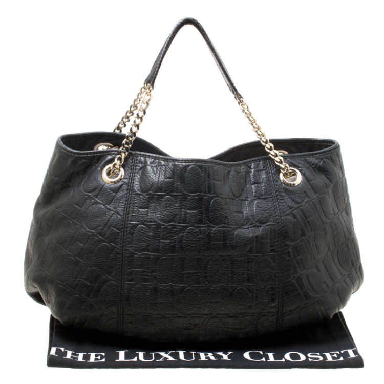 Pre Owned Carolina Herrera Black Monogram Leather Poppy Tote